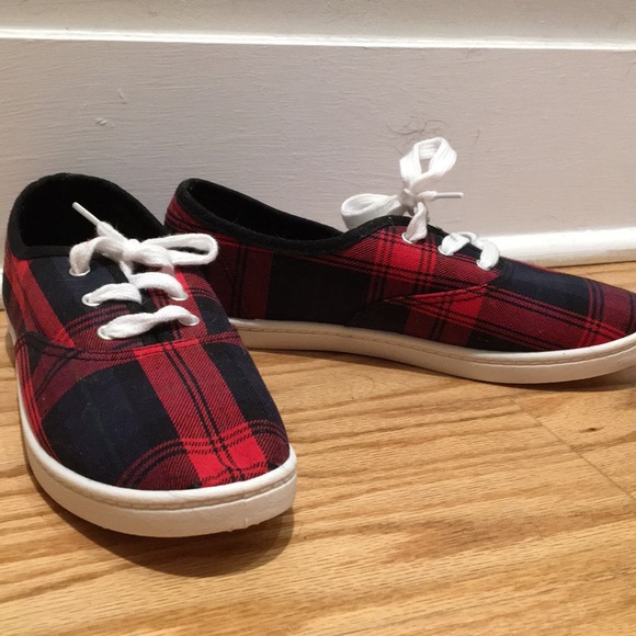 red and black plaid sneakers